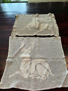 Vintage Set of 2 Filet Crochet Deer Stag Table Mats -Rustic Cabin Decor